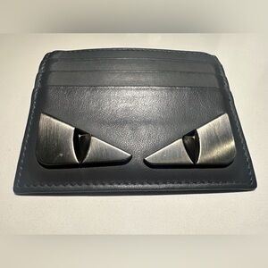 Fendi Dark Gray Leather Card Holder with Silver Accents